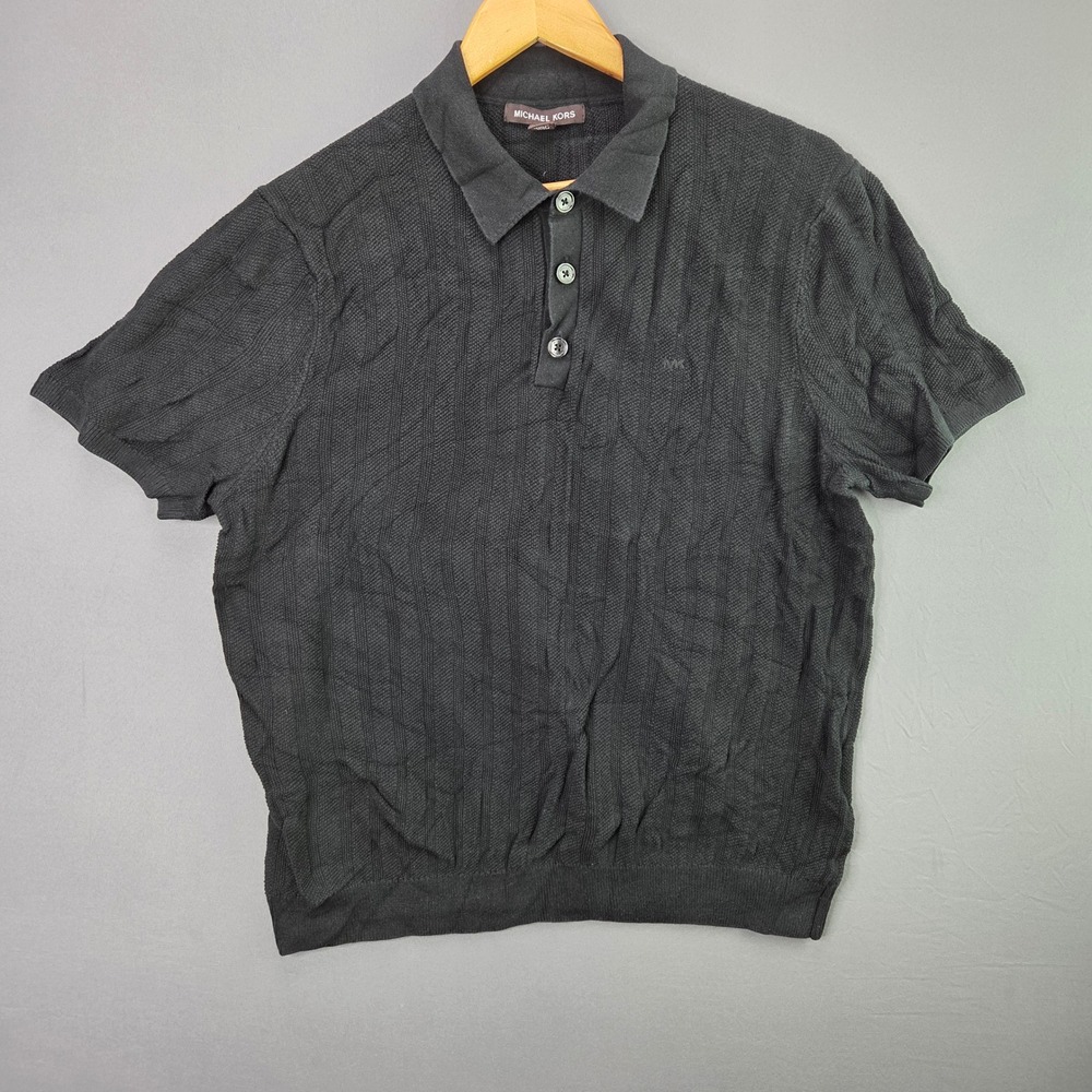 Michael Kors Polo Shirt Textured Cable Knit Large Black Cotton Short Sleeve MK